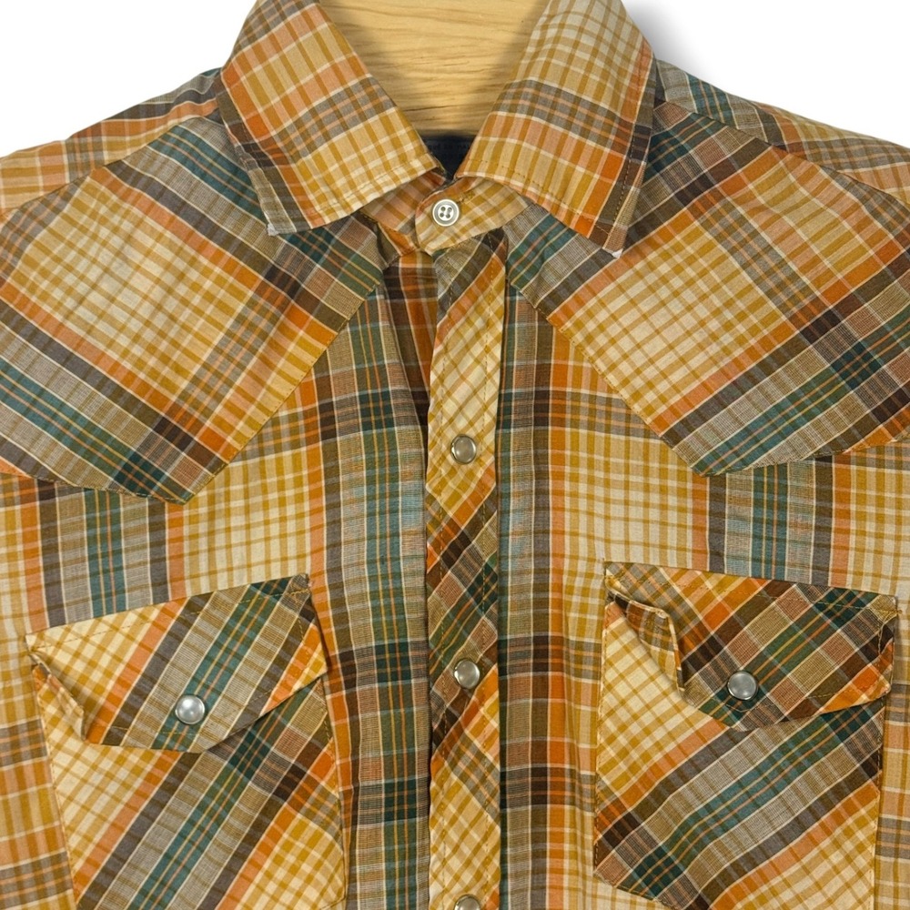 Kmart‎ Vinrage Western Pearl Snap Shirt Mens Small Orange Grey Plaid Polyester